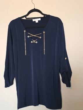 MK Navy Lace-Up Gold Chain Detail Women's Top